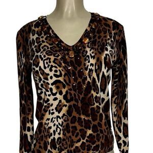 New Avvenire Knit Top Women’s Med Jaguar Print Pullover Long Sleeve Beaded NWTs